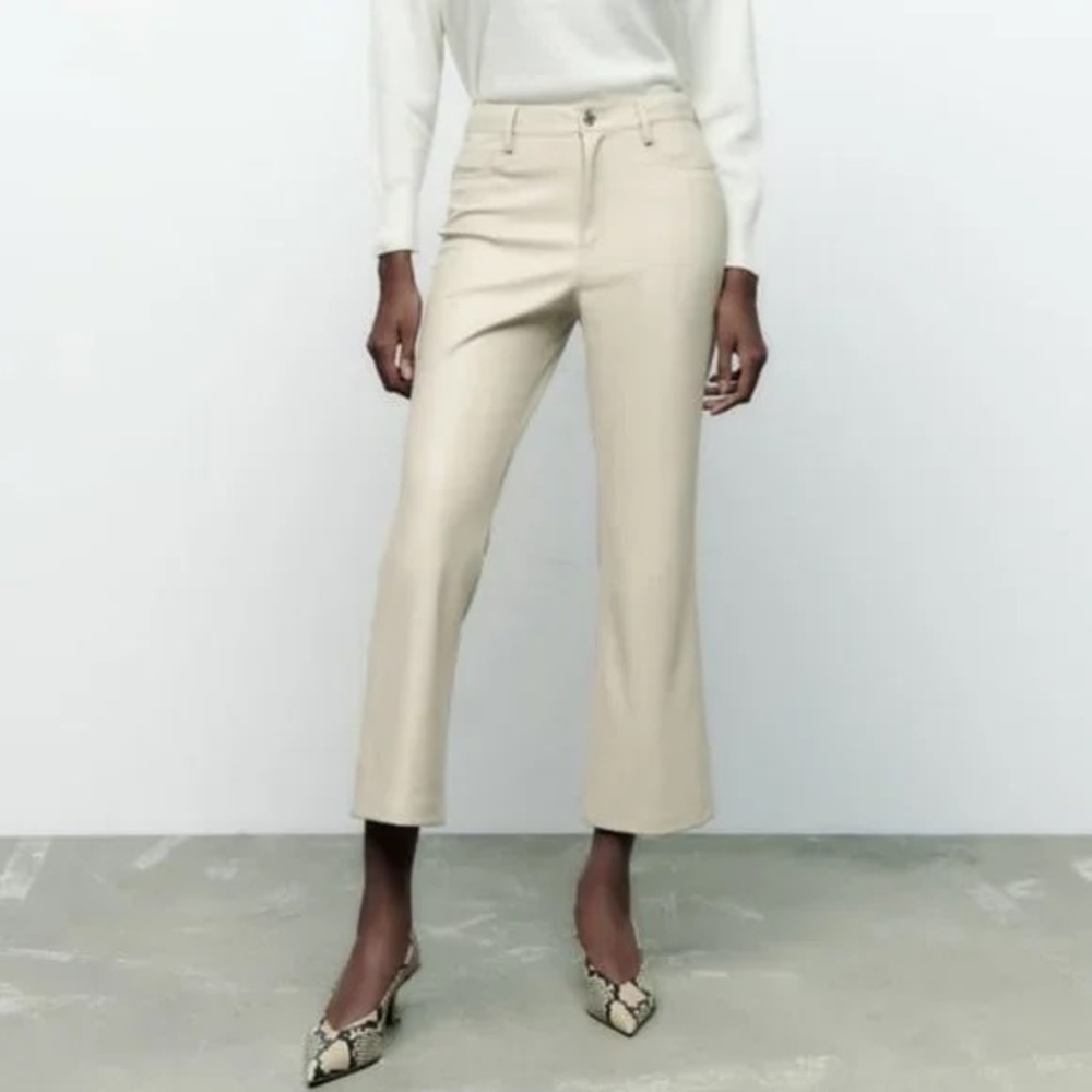 Zara Faux Leather Mini Flare Trousers in Ecru, size 4,  Stretchy Fabric